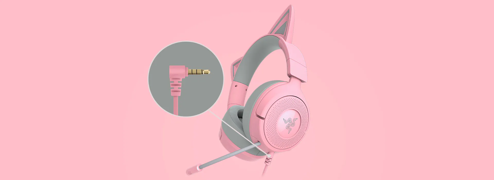 Pink gaming headset with Razer logo, featuring a mic and a close-up of a 3.5mm audio jack plug.