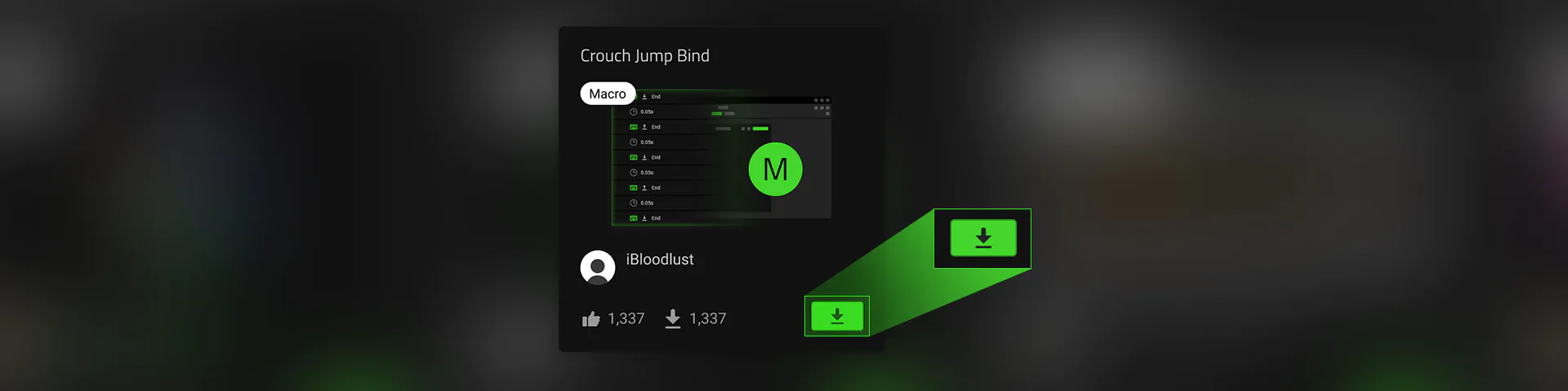 YouTube interface showing a video titled "Crouch Jump Bind", with a green download button, user "iBloodlust", 1337 likes and downloads.