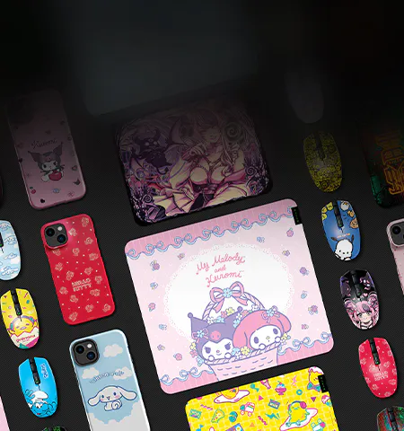 Collection of colorful, pastel-themed phone cases and accessories featuring cute characters like Hello Kitty, My Melody, and Pompompurin.