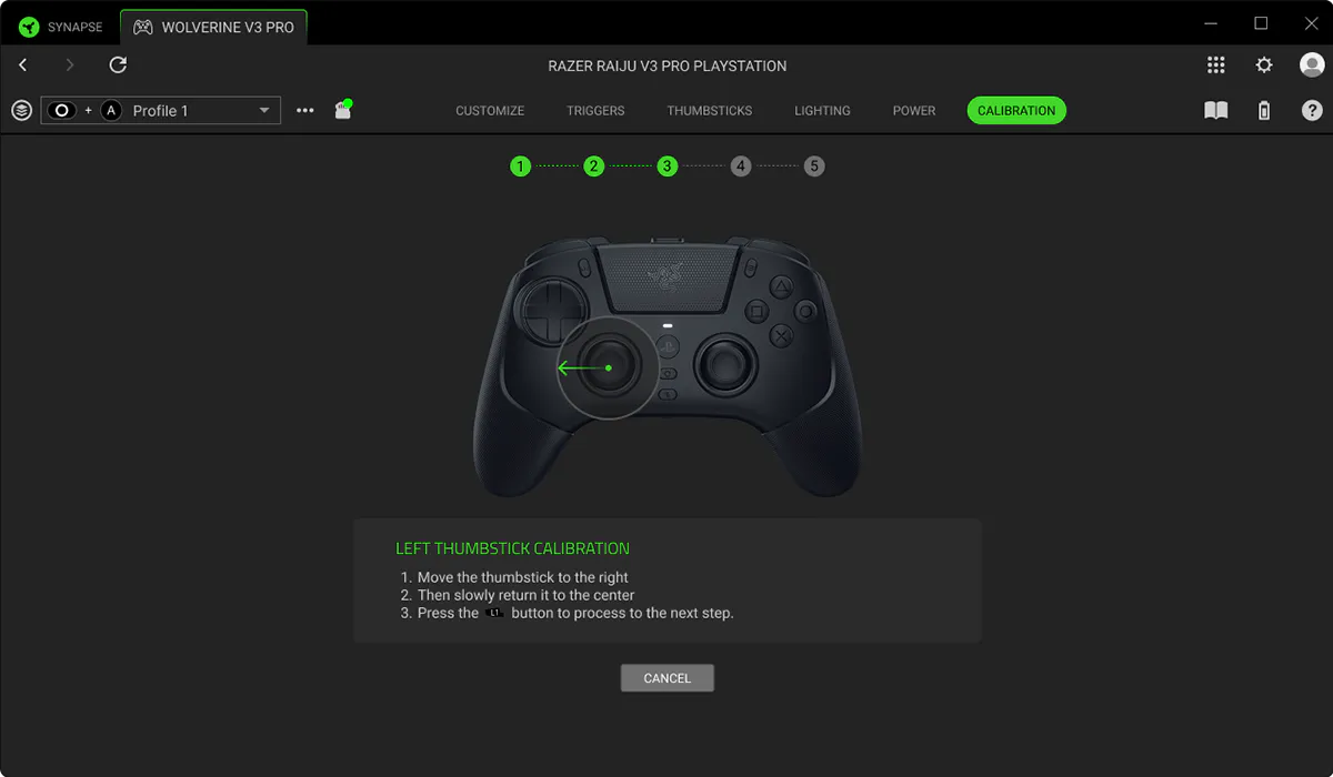 Razer Synapse software screen showing left 摇杆校准 for Razer Rajiu V3 Pro, with steps: move, return, press button.
