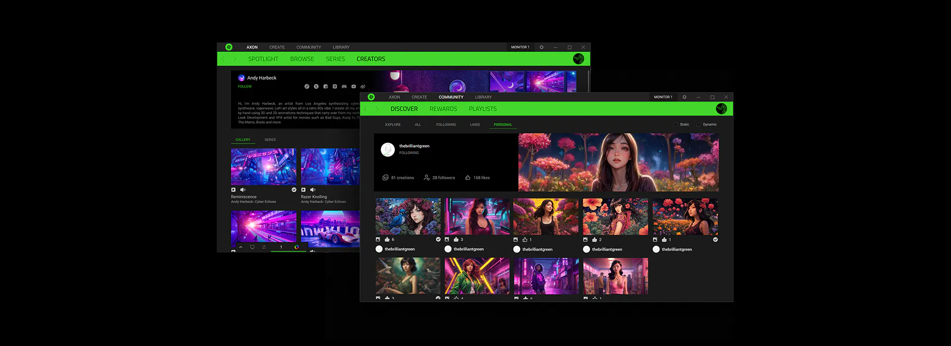 Screenshots of gaming software interface with tabs labeled "Spotlight," "Browse," "Series," "Create," and "Community," showing user profiles and images.