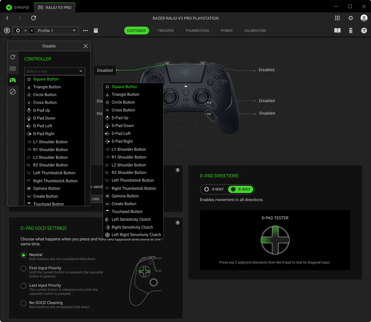 Screenshot of RAZER RAIJU V3 PRO 雷蛇飓兽 V3 专业版 controller customization software, showing button mapping options, D-pad settings, and labeled controller image.