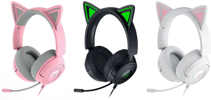 Three gaming headphones with cat ear designs in pink, 黑色 with green accents, and 白色, all with attached microphones.
