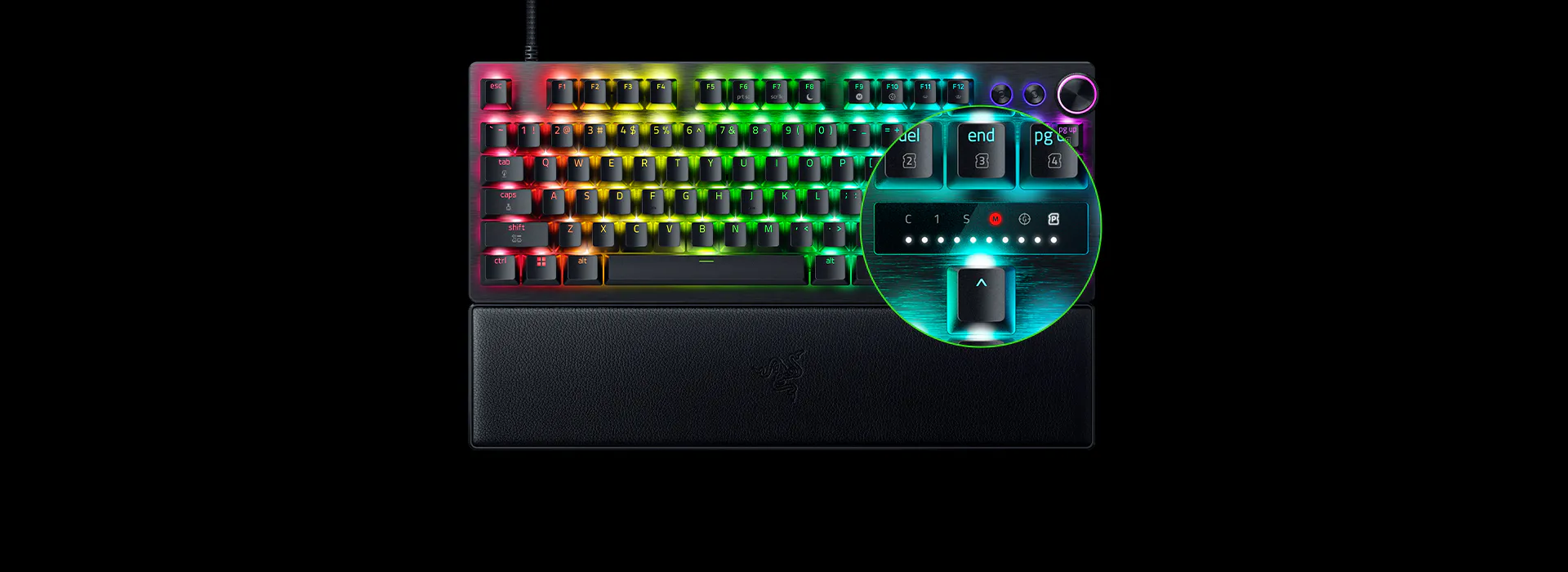 RGB-backlit mechanical keyboard with wrist rest; detailed inset shows macro keys, profile, and indicator lights.
