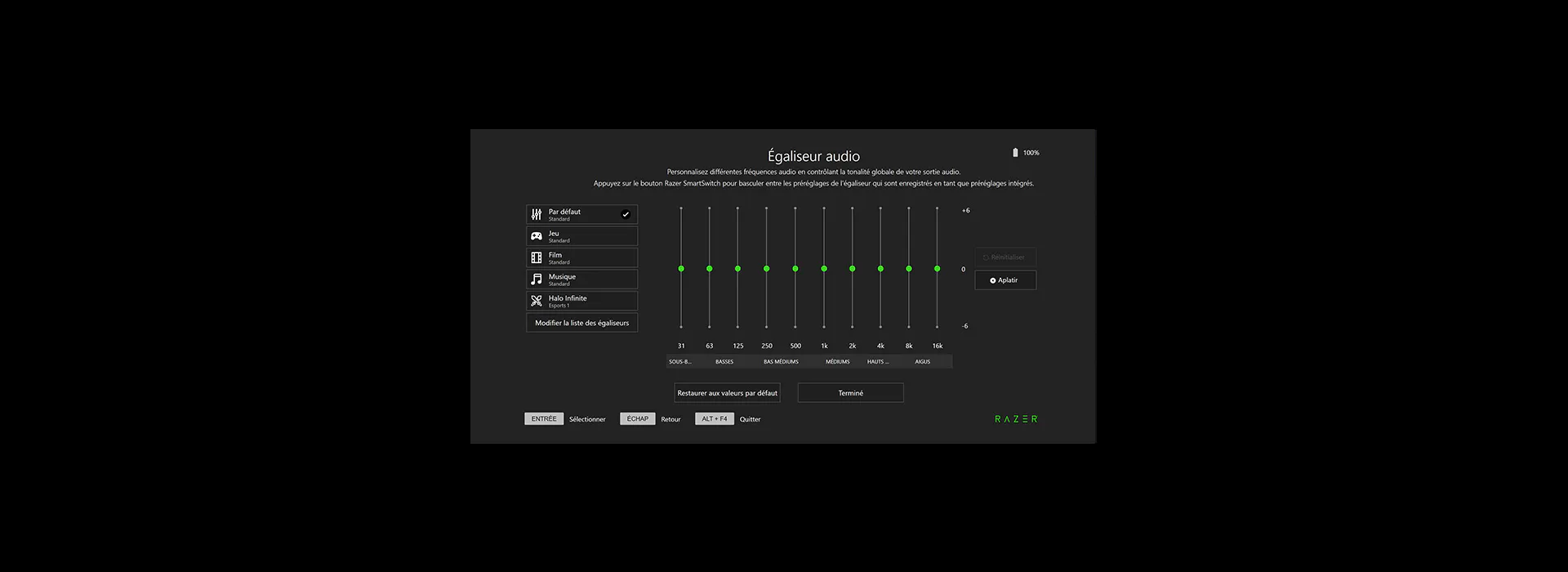 Audio equalizer settings screen with sliders for different frequency bands, options for presets, and text in French, including "Égaliseur audio".