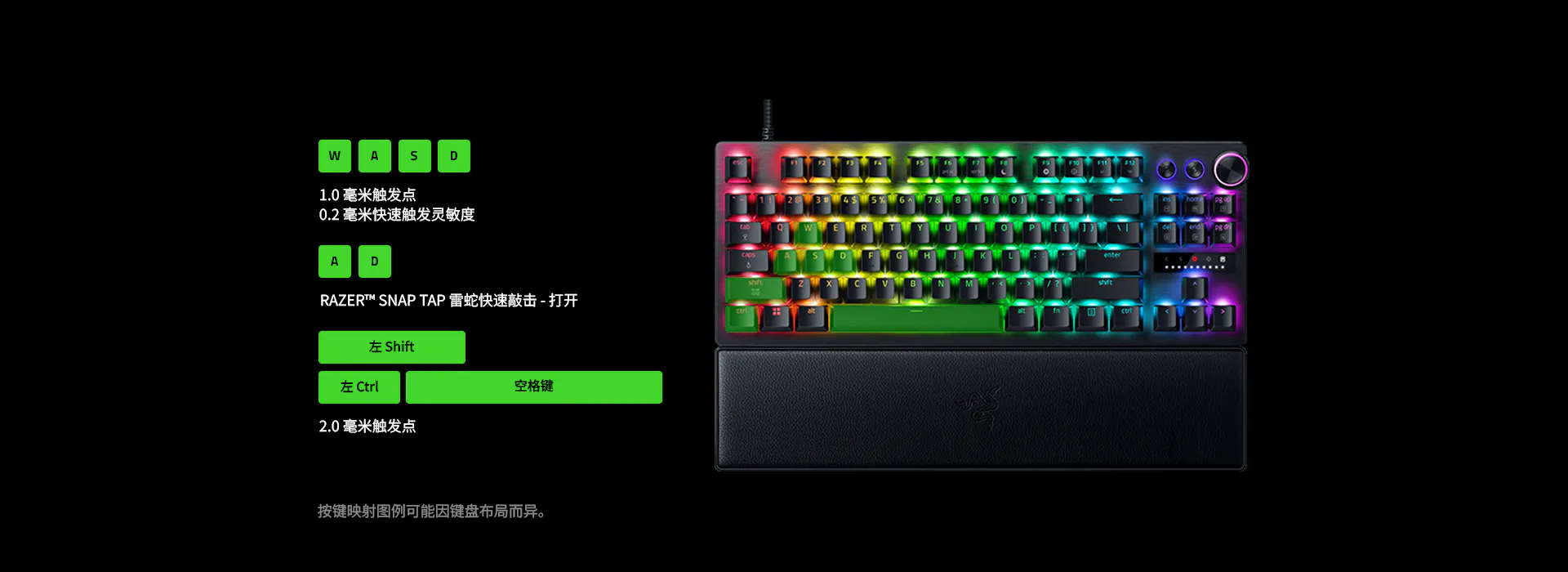 W + A + S + D: 1.0 mm Actuation Point, 0.2 mm Rapid Trigger Sensitivity | A + D: Razer Snap Tap - ON | L Shhift + L Ctrl + Spacebar: 2.0 mm Actuation Point | Legends on keymapping may differ based on keyboard layout.