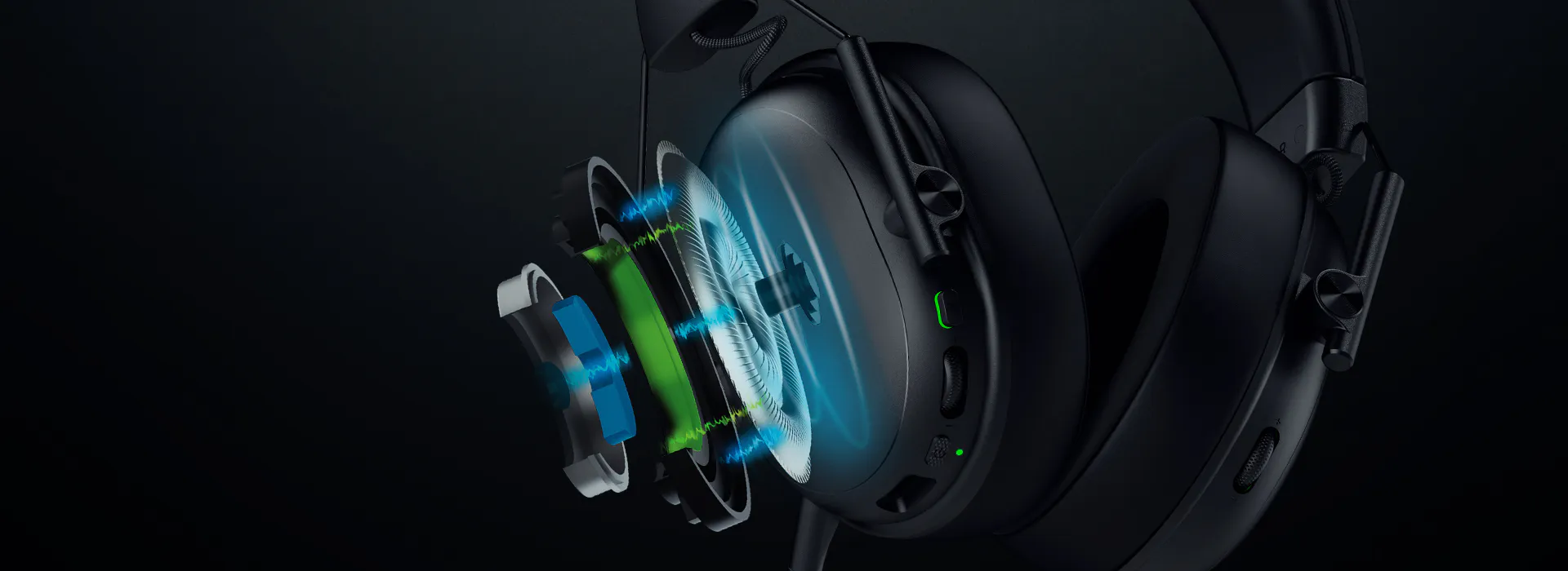 Headphones with internal components exposed, showing sound wave flow and highlight of driver and circuitry in a dark background.