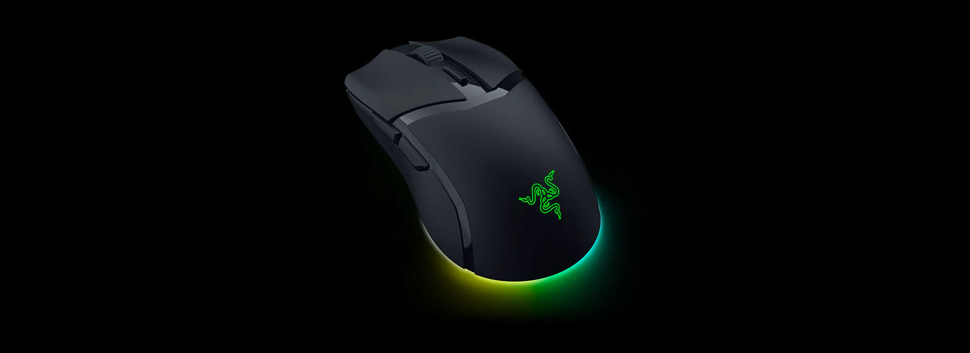 Wireless gaming mouse with Razer logo, illuminated rainbow underside, matte black finish, and customizable buttons on top.