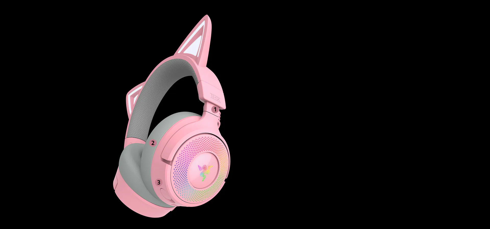 Razer Kraken Kitty V3 Pro; 1. Headband; 2. Ear cushion; 3. Control button