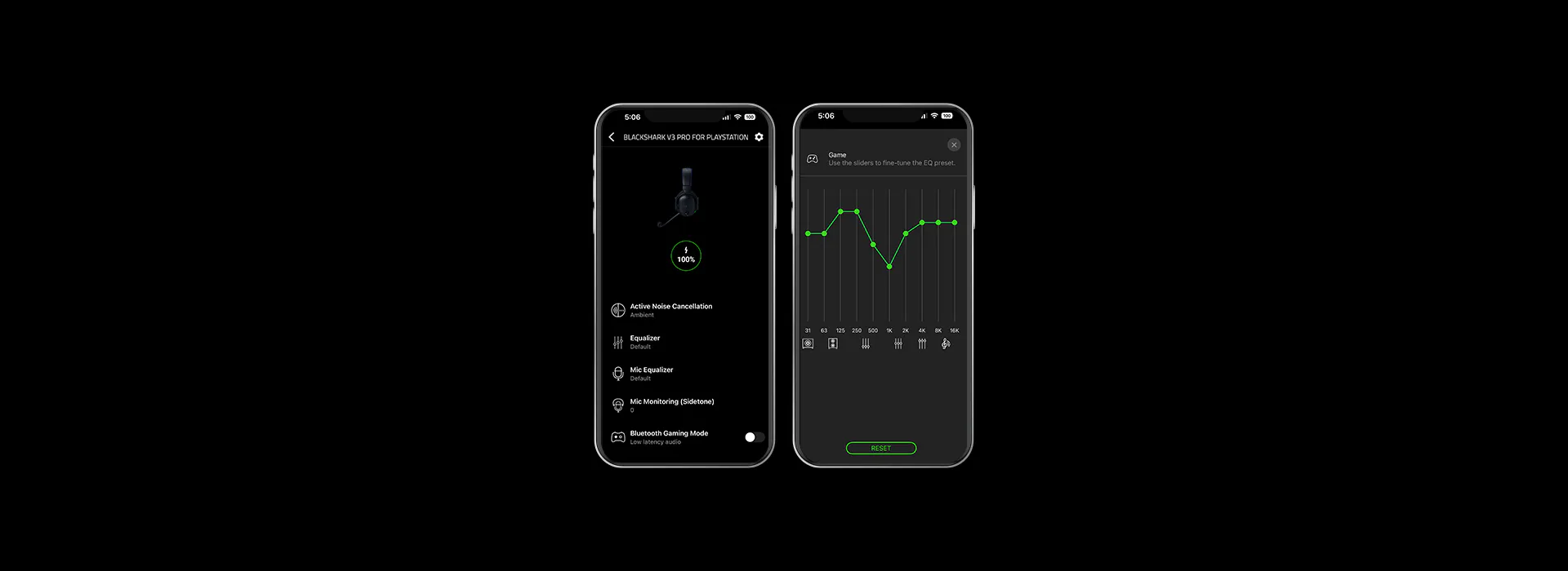 Two smartphone screens display audio settings: left shows headphone level, right shows EQ tuning graph and preset options.