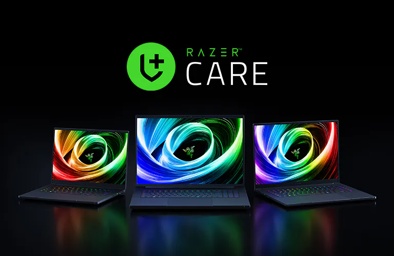 Three Razer laptops with colorful, glowing screens are displayed against a black background, with the "rAzer" logo and "CARE" text above.