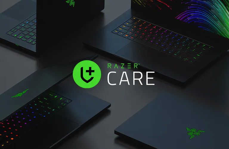 Razer laptops with RGB keyboards, displaying the Razer Care logo and text on a dark surface.