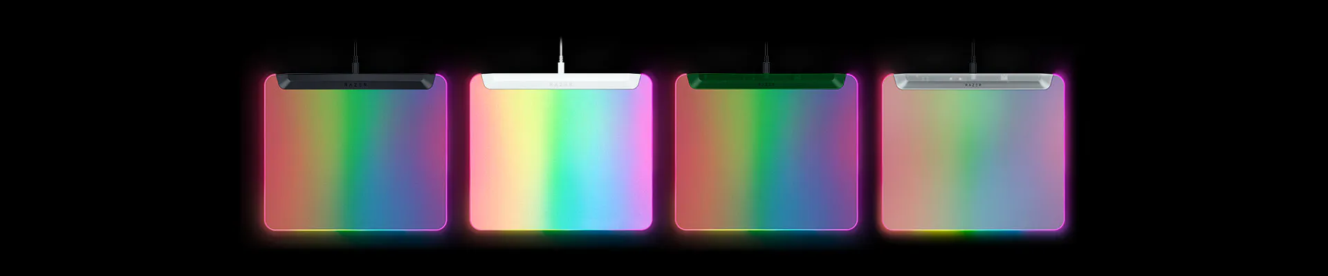 Four Razer gaming mice with RGB lighting on a 黑色 background, each with a different color accent: 黑色, 白色, green, and silver.