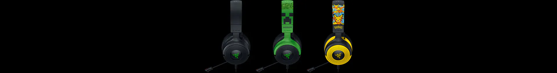 Three Razer headsets with themed headbands: plain, Minecraft, and Pokémon, all featuring Razer logos and attached microphones.