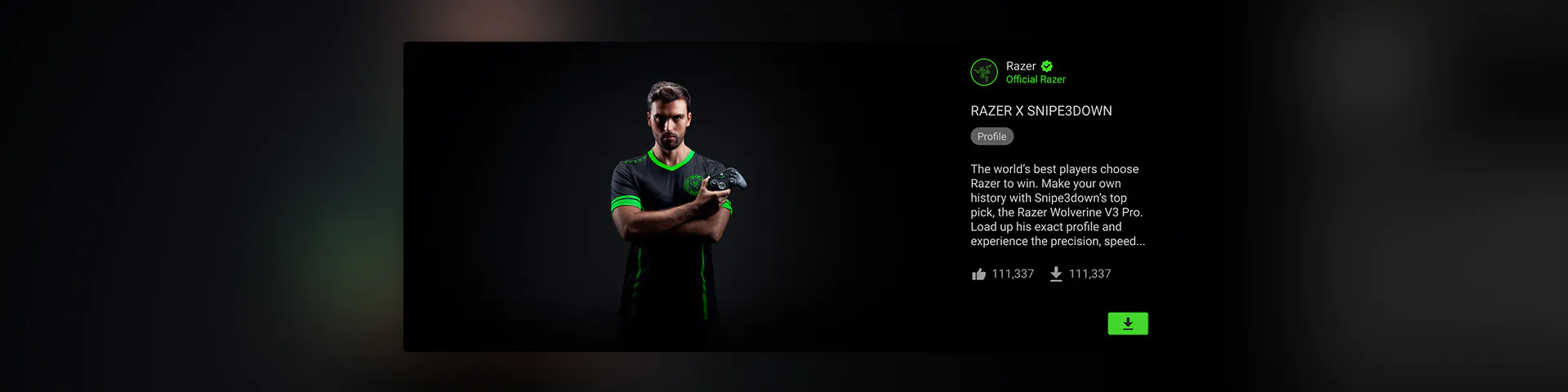 A man in black gaming attire holds a controller, with neon green accents, against a dark background, promoting Razer products with info and download button.