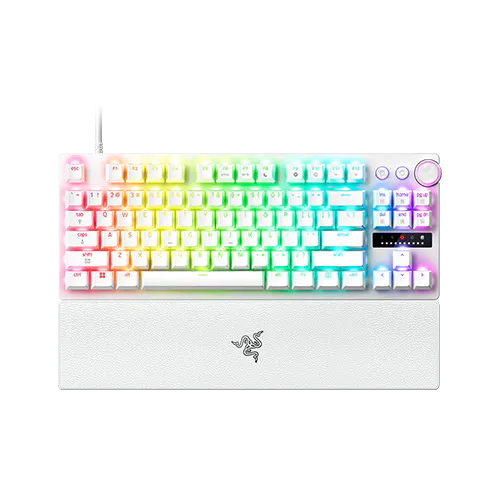 RGB-backlit mechanical keyboard with a white base, colorful lighting, and a built-in wrist rest, featuring media controls and customizable keys.