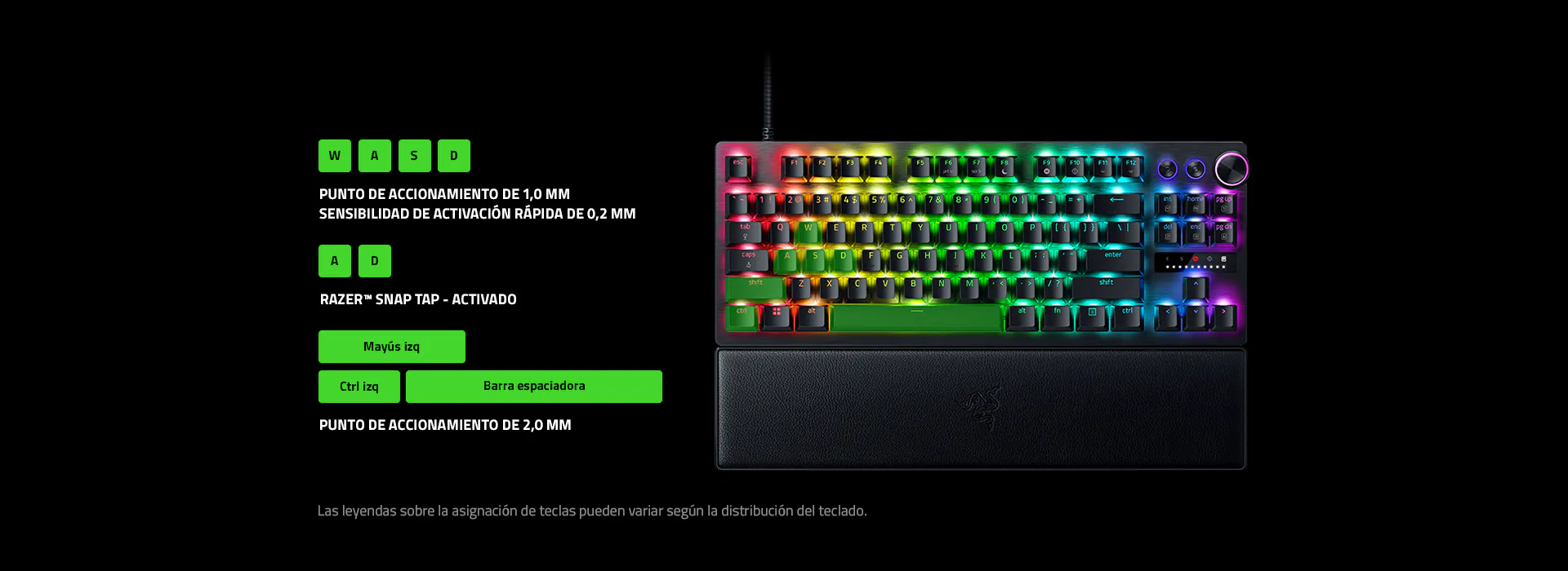 Keyboard with RGB backlight, labeled keys, and German text detailing switch types and functions including W, A, S, D, and others.
