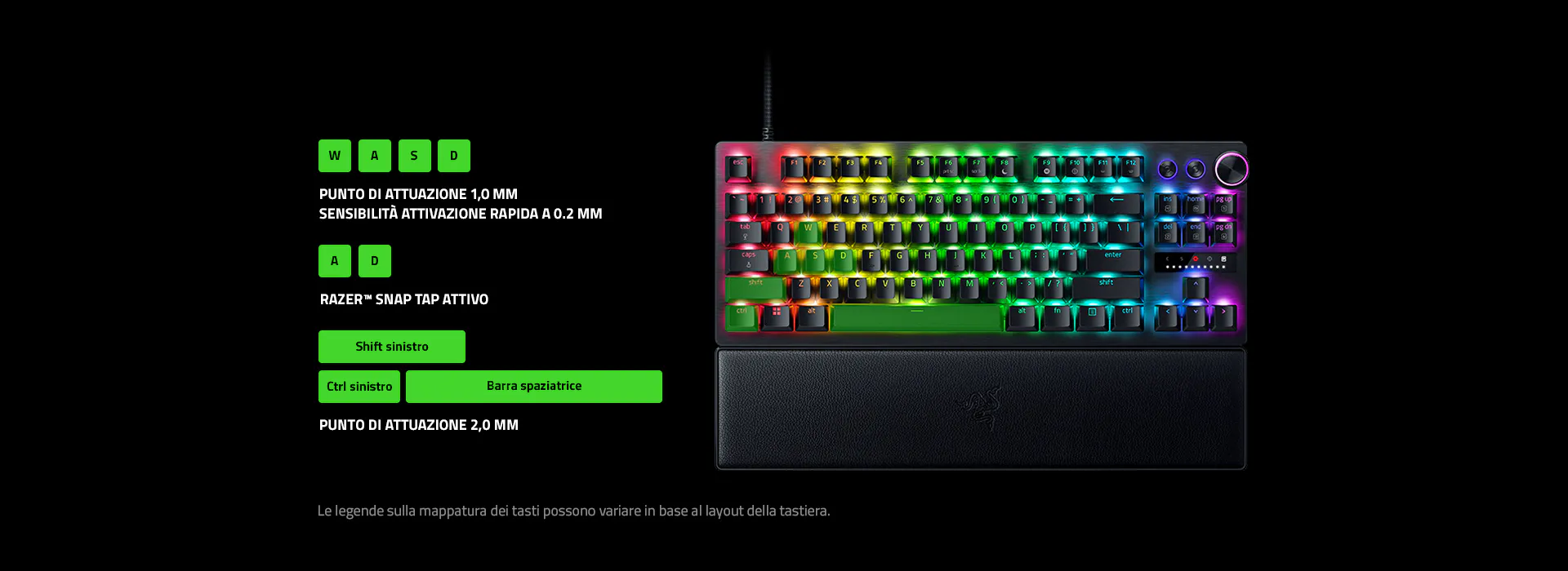 Keyboard with RGB keys, labeled keys and German text explaining key actuation distances and functions, with additional German instructions.
