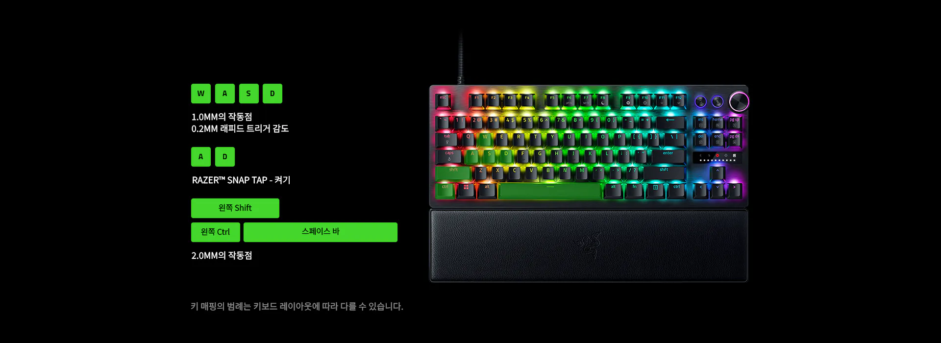 Keyboard with RGB backlight, labeled keys, and German descriptions of switch types: 1mm actuation, 0.2mm trigger sensitivity, includes button labels.