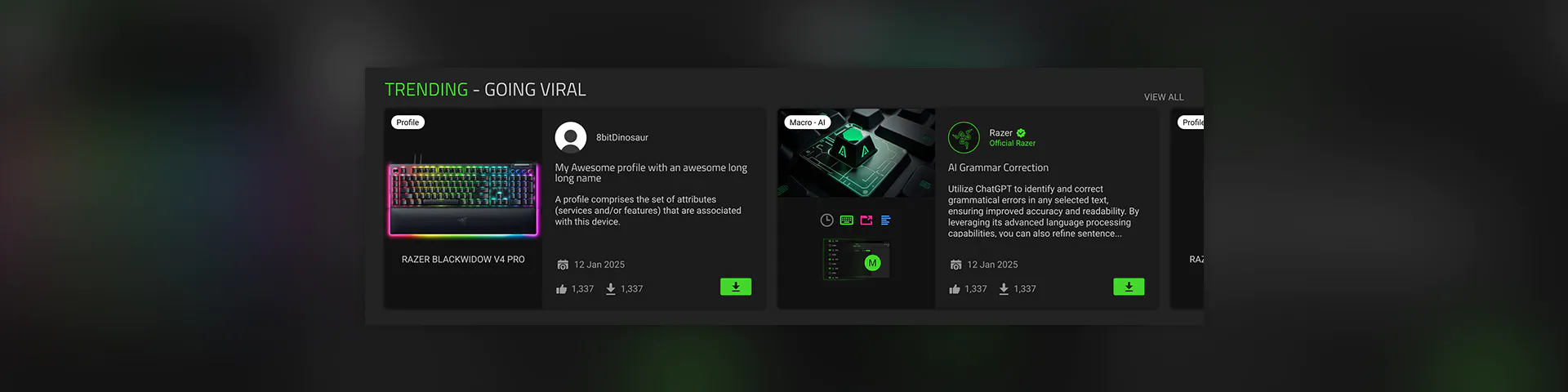 Screenshot of a digital interface showing trending viral content, including profiles, a keyboard, AI correction info, and download buttons.