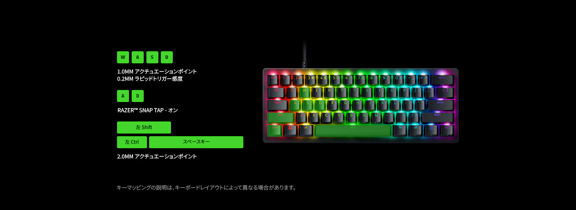 Diagram of a RGB keyboard with labels: W, A, S, D keys, and functions for switch activation, with German text explaining trigger points and button switch options.