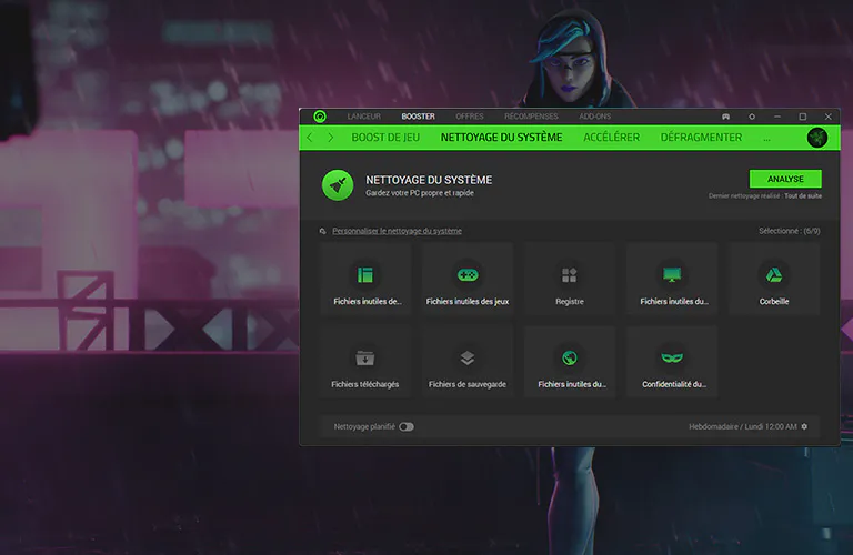 Screenshot of a system cleaning software interface with options for cleaning, defragmenting, and analyzing, with a dark, pink, and green theme.