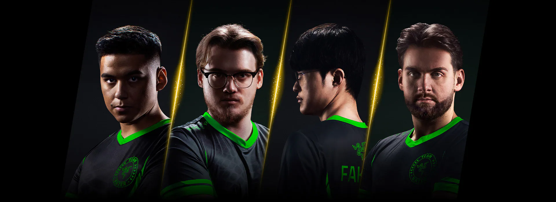 Four esports players in black jerseys with green accents, facing forward or sideways, with a dark background and yellow diagonal lines.
