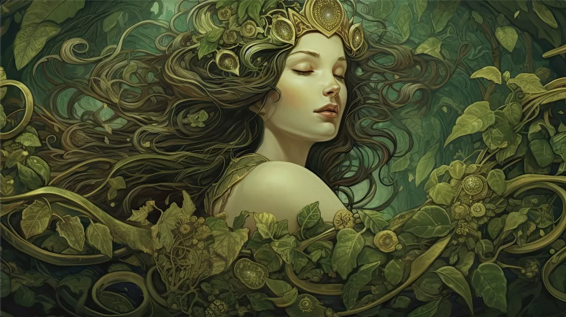 Fantasy digital artwork of a woman crowned with golden leaves and vines, surrounded by lush greenery. Featured in Razer Axon’s Celestial Aeon Project collection.