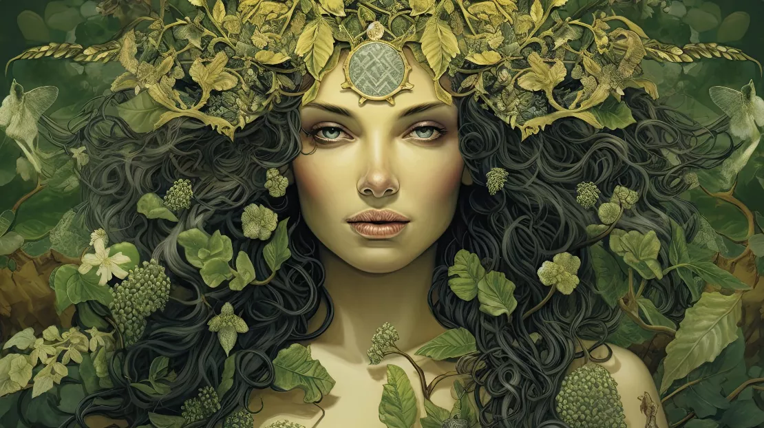 Fantasy portrait of a woman with flowing dark hair entwined with leaves and golden ornaments, from Razer Axon’s Celestial Aeon Project collection.