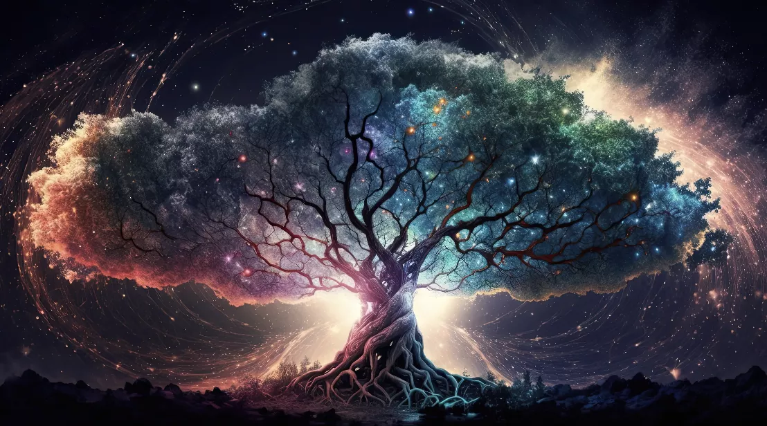 Vibrant fantasy illustration of a massive glowing tree with intertwined roots and multicolored cosmic branches, part of Razer Axon’s Celestial Aeon Project wallpapers.