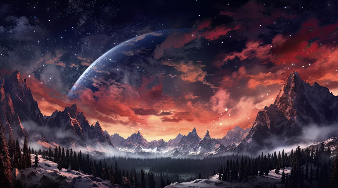 Cinematic sci-fi landscape showing snow-capped mountains under a red twilight sky and a distant planet. From Razer Axon’s Celestial Aeon Project wallpaper series.