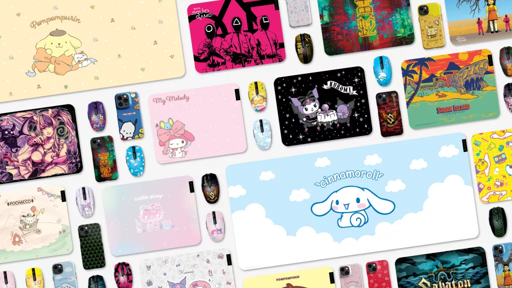 A flat lay of Razer Customs gear featuring mouse mats, Orochi V2 mice, and iPhone cases with designs from Sanrio, Ironmouse, Netflix’s Squid Game, and other collaborations.