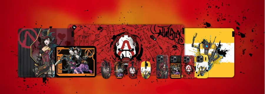 A flat lay of the Razer | Borderlands 4 Customs Collection featuring themed mouse mats, Orochi V2 mice, and iPhone cases.
