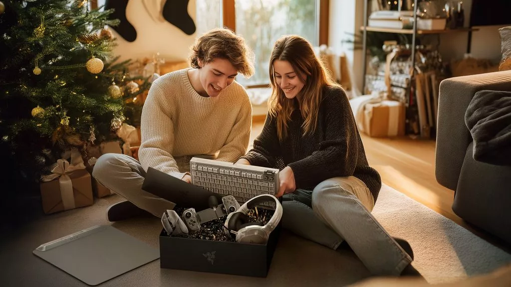 A couple sitting by a Christmas tree unboxing Razer Phantom White gaming gear.