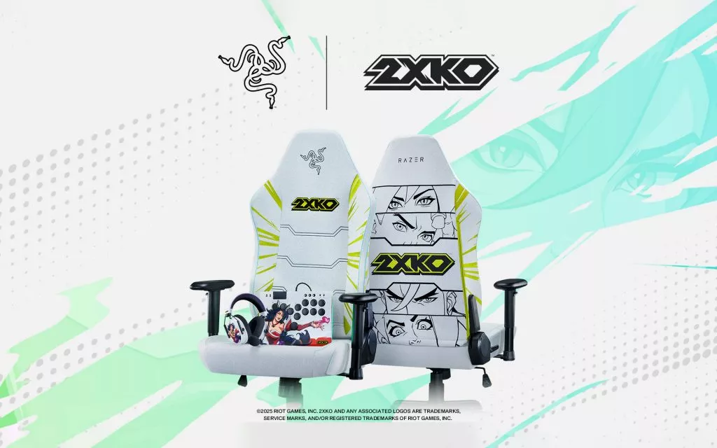 The full Razer x 2XKO Collection featuring the Razer Kitsune – 2XKO Edition, Razer BlackShark V3 Pro – 2XKO Edition, and Razer Iskur V2 X – 2XKO Edition.