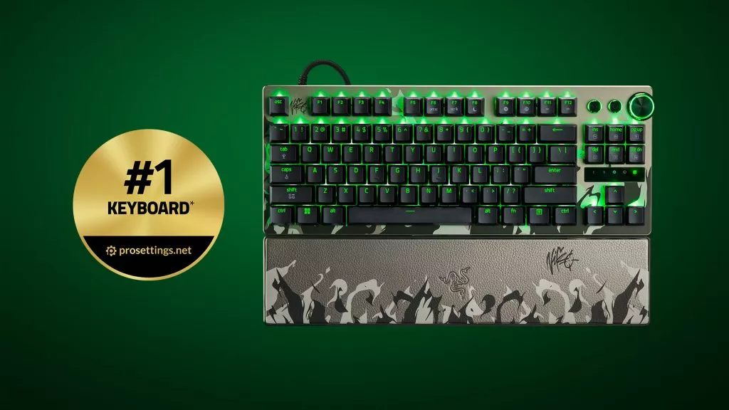 NiKo Edition Razer Huntsman V3 Pro Tenkeyless keyboard with green backlighting and ProSettings badge showing #1 keyboard for pro CS2 players.