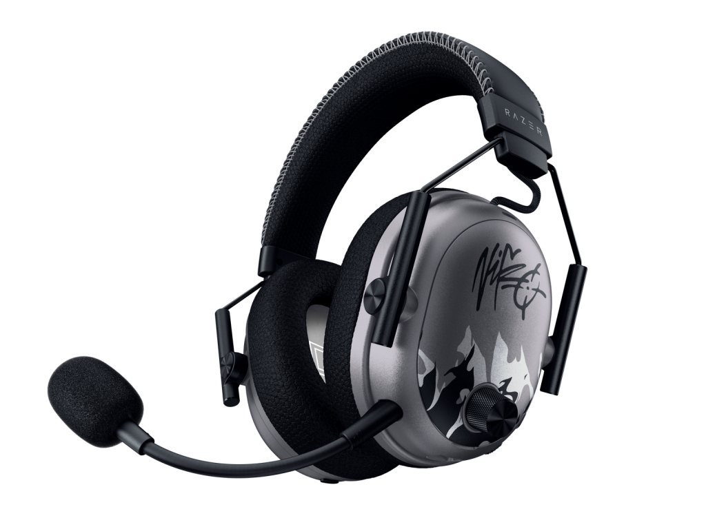 Razer BlackShark V3 Pro NiKo Edition gaming headset in metallic grey with flame design, signature detailing, and detachable mic.