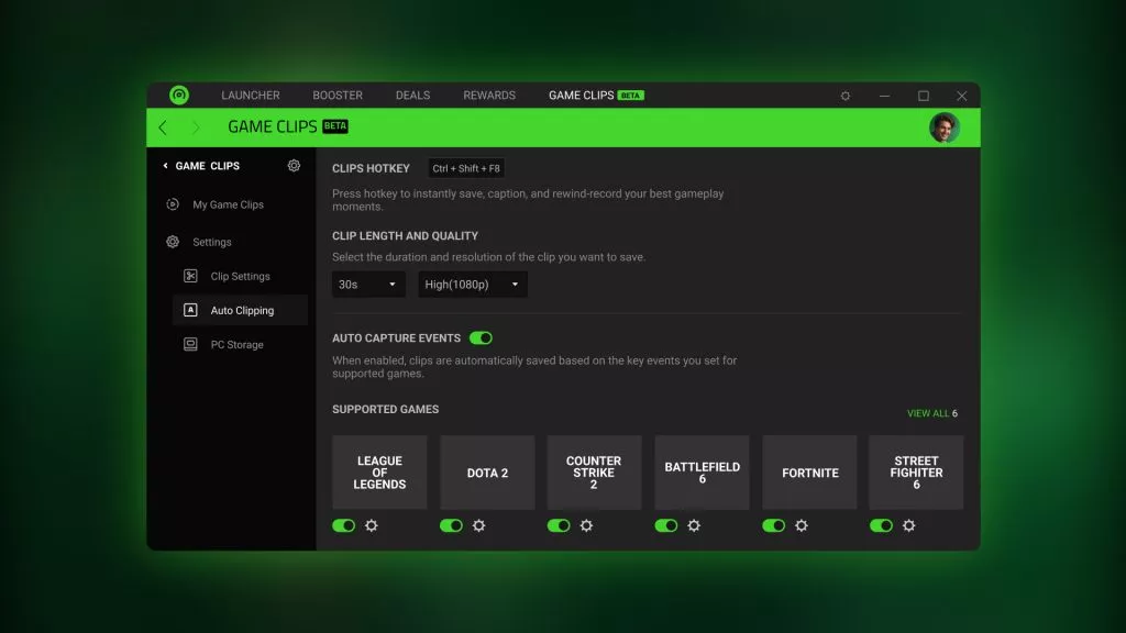 Razer Cortex Game Clips showcasing the supported games that is available for autoclipping.