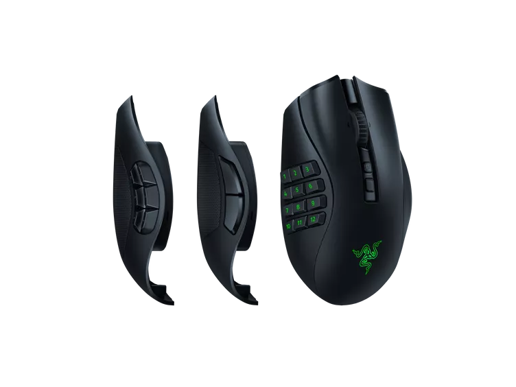 Razer Naga V2 Pro gaming mouse with interchangeable side plates, showcasing modular button layouts for MMO and multi-genre gameplay