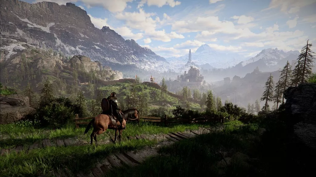 Crimson Desert gameplay scene with a rider overlooking a mountainous landscape and distant castle.
