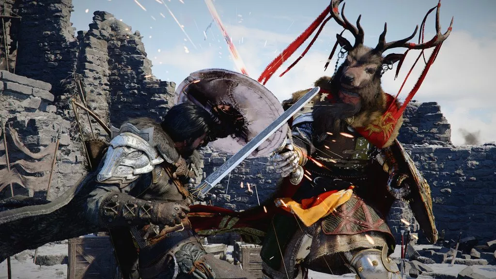 Crimson Desert combat scene featuring a sword fight between armored characters.