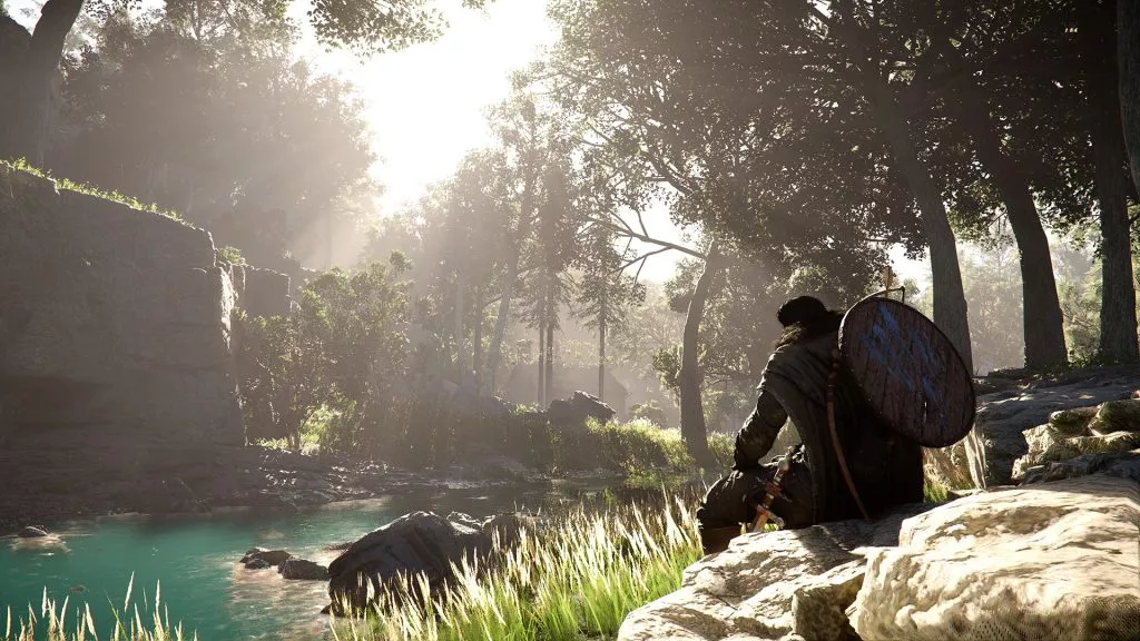 Crimson Desert gameplay scene showing a character resting by a forest pond.