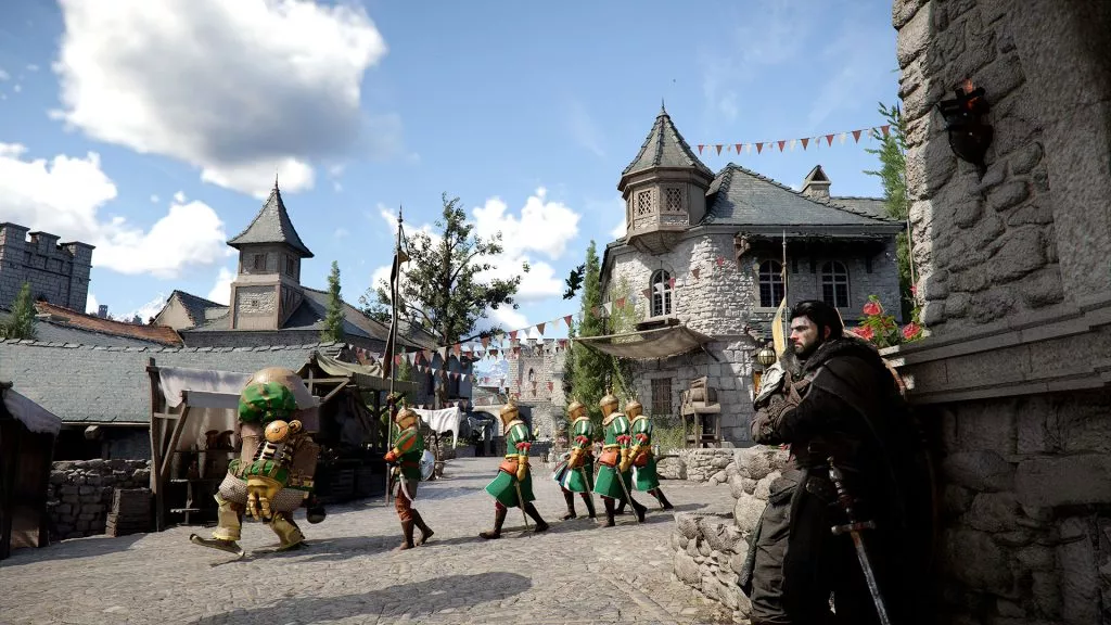 Crimson Desert gameplay scene set in a town with characters and buildings.