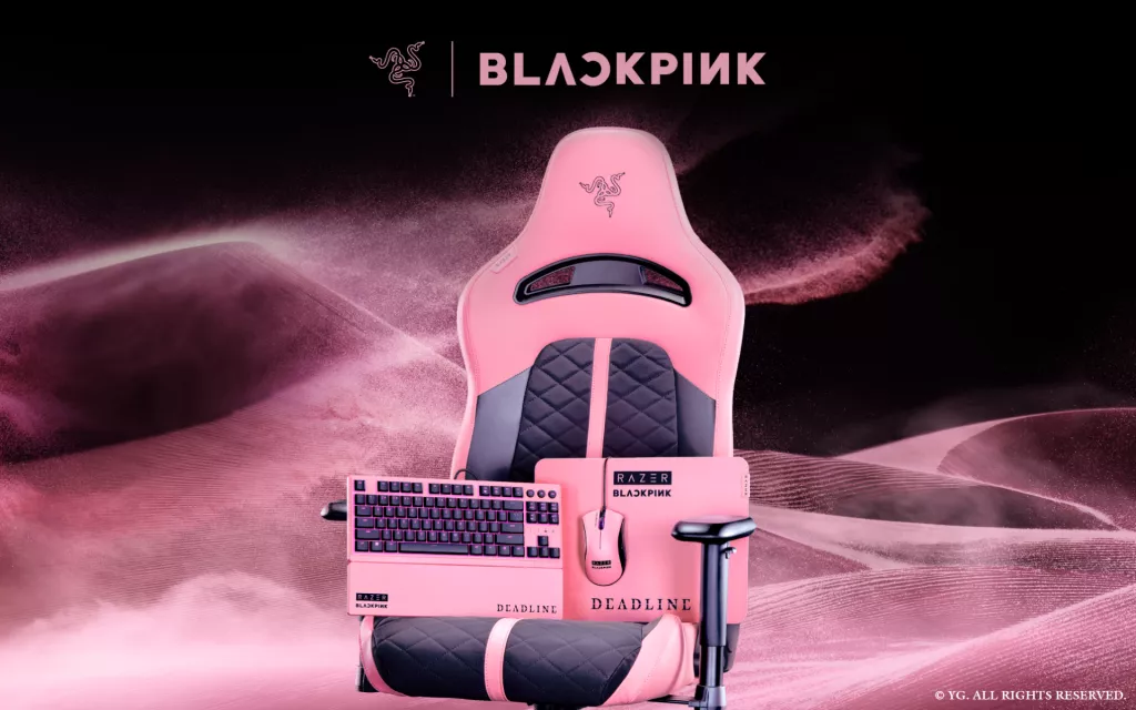 The Razer Enki X - BLACKPINK EDITION, Razer Gigantus V2 - Medium BLACKPINK Edition, and Razer DeathAdder Essential BLACKPINK Edition.