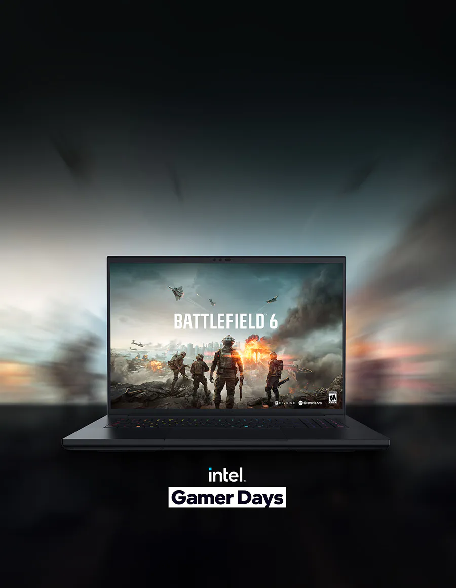 Battlefield 6 screen fill on a gaming laptop and Intel Gamer Days logo