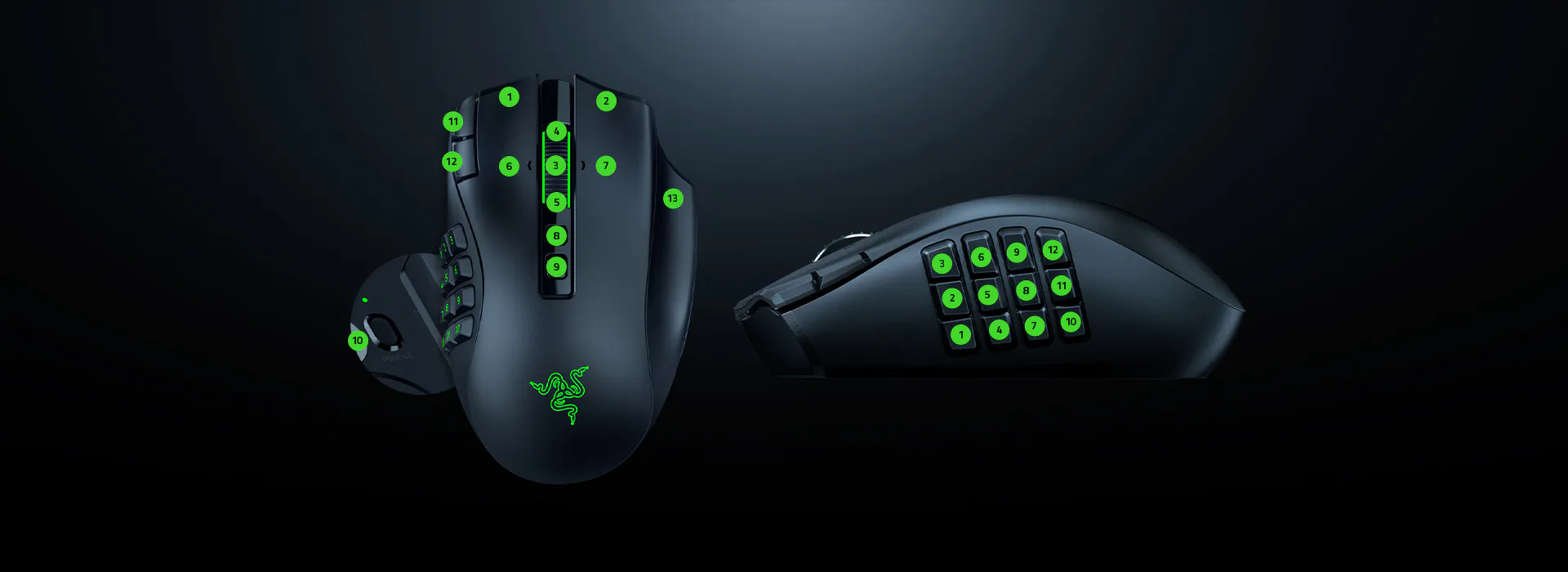 Top and side views of a Razer Naga V3 Pro with 12 numbered side buttons highlighted in green, showing the button layout and key mapping for programmable controls.