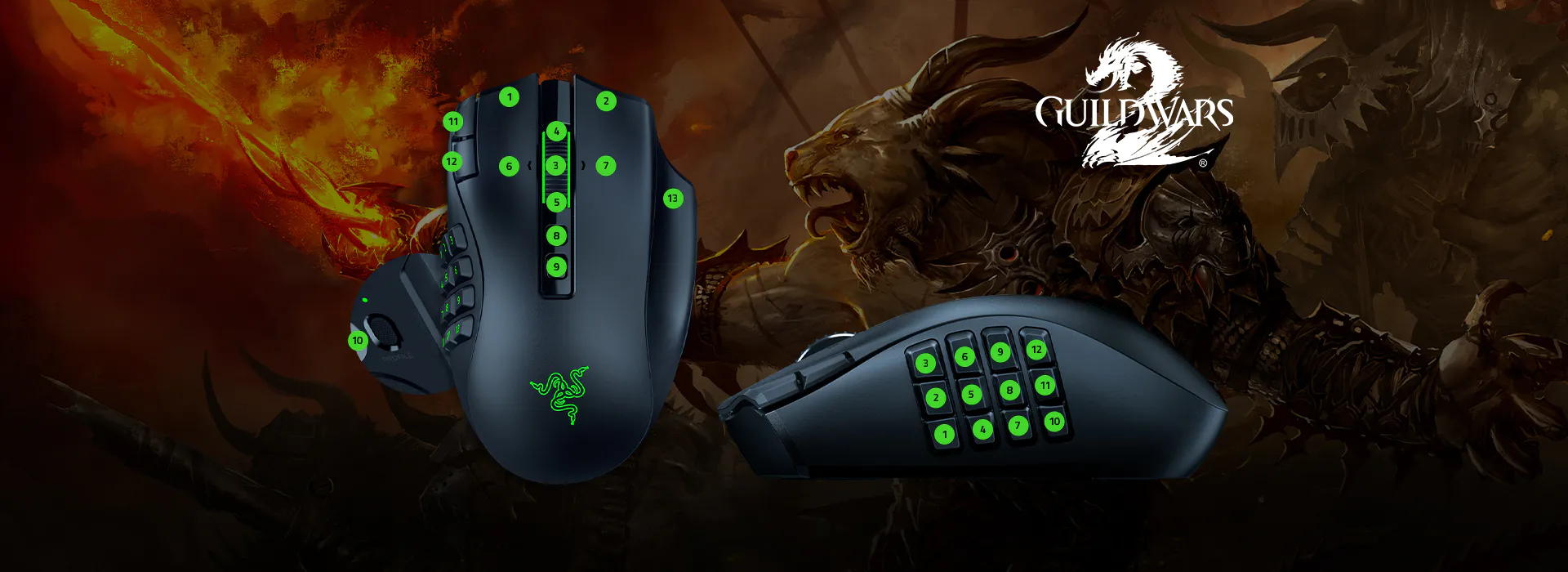 Top and side views of a Razer Naga V3 Pro with 12 numbered side buttons highlighted in green, showing the button layout and key mapping for programmable controls.