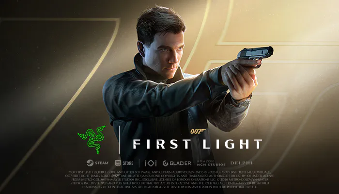 A young man in a dark jacket aims a gun with a focused expression, with the text "FIRST LIGHT" and glowing logos behind him.