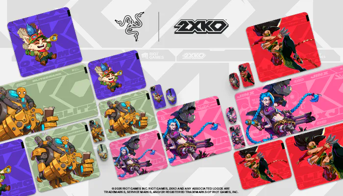 Image shows three different sets of colorful ROG-themed gaming accessories with animated characters, controllers, and branded mats.