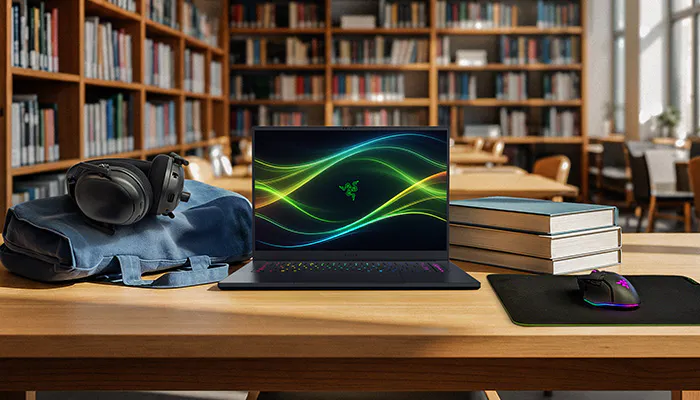 A laptop with glowing Razer logo, gaming mouse on a mouse pad, headphones on a backpack, books, and a library in the background.